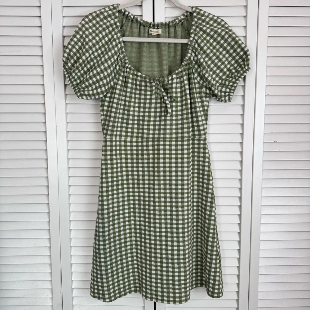 Madewell Puff-Sleeve Jacquard Mini Dress in Gingham Check Green Size XS - Picture 2 of 10